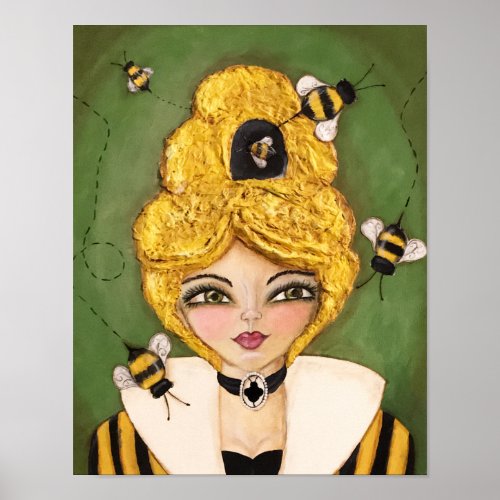 Whimsical Bee Hive Girl Mixed Media Green Yellow Poster