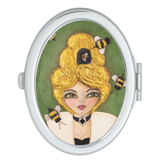Whimsical Bee Hive Girl Woman Cute Green Yellow Compact Mirror