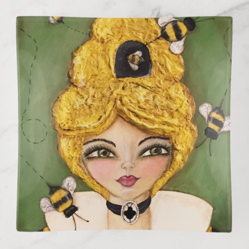 Whimsical Bee Hive Girl Woman Cute Green Yellow Trinket Tray