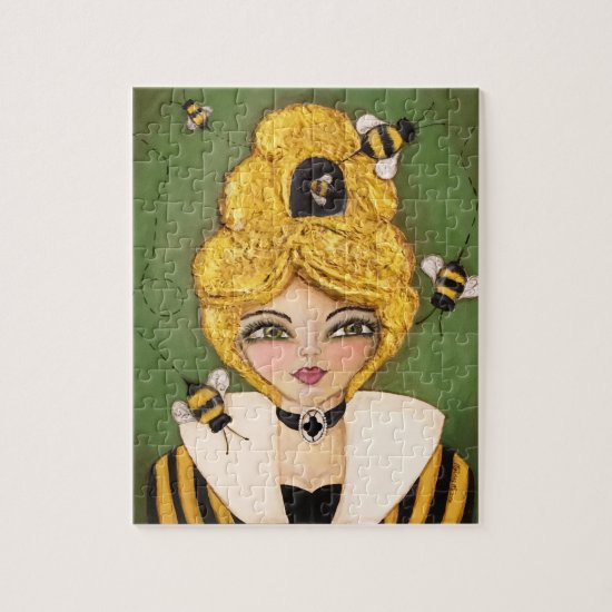 Whimsical Bee Hive Hair Girl Black Yellow Green Jigsaw Puzzle