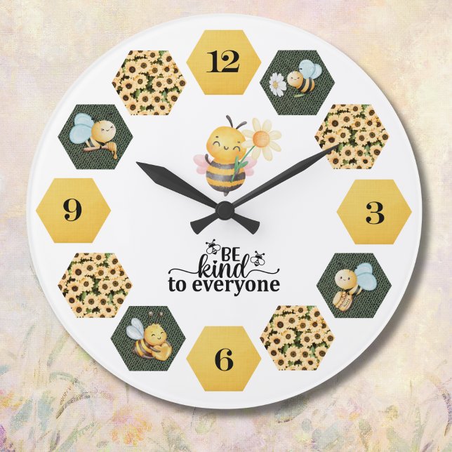 Whimsical Bee Sunflower and Honeycomb Large Clock (Bring a touch of charm and kindness to your home with a bee-themed wall clock)