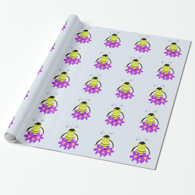 Whimsical Bee With Bright Flowers Wrapping Paper (Unrolled)
