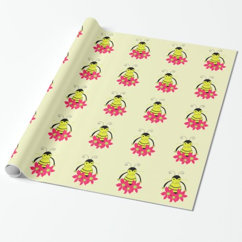 Whimsical Bee with Coral Flowers Wrapping Paper