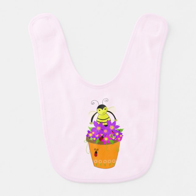 Whimsical Bee with Flower Pot Baby Bib (Front)