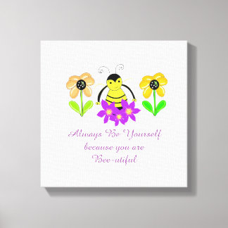 Whimsical Bee with Flowers and Saying Canvas Print