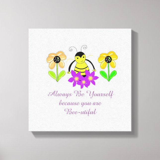 Whimsical Bee with Flowers and Saying Canvas Print (Front)