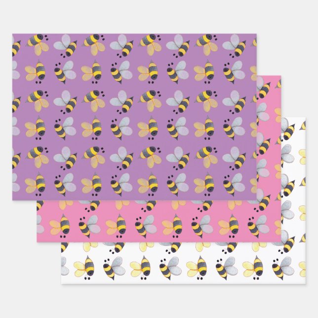 Whimsical Bees Pattern Trio II Wrapping Paper Sheets (Set)