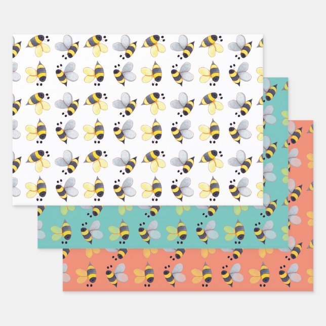 Whimsical Bees Pattern Trio III Wrapping Paper Sheets (Set)