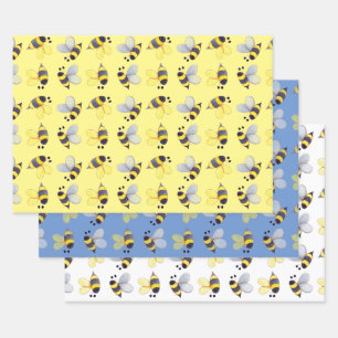 Whimsical Bees Pattern Trio Wrapping Paper Sheets