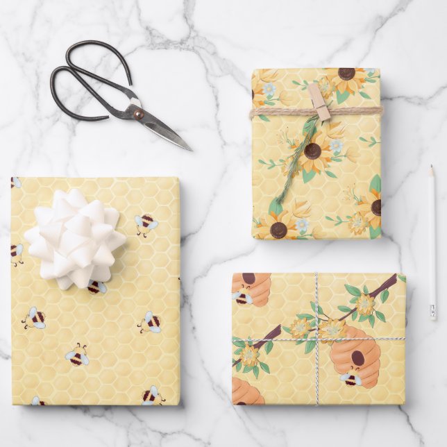 Whimsical Bees Wrapping Paper Sheets (Front)