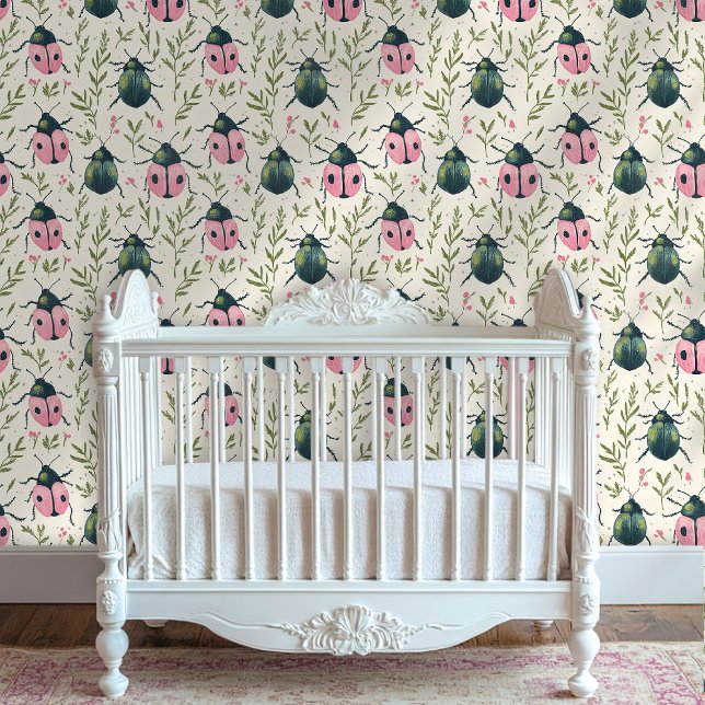 Whimsical Beetle and Botanical Peel-and-Stick Wallpaper (Creator Uploaded)