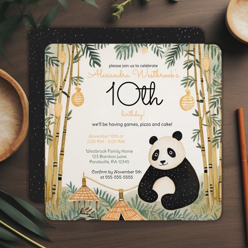 Whimsical Beige Bamboo and Panda Birthday Party Invitation