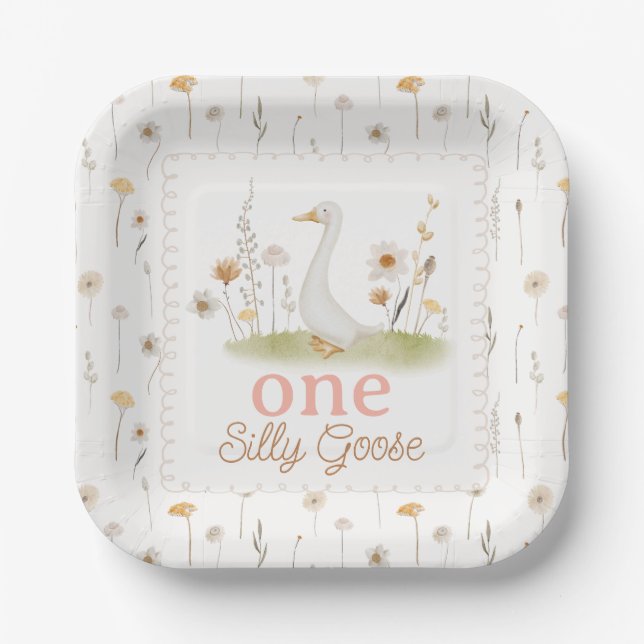 Whimsical Beige Floral One Silly Goose Birthday Paper Plates (Front)