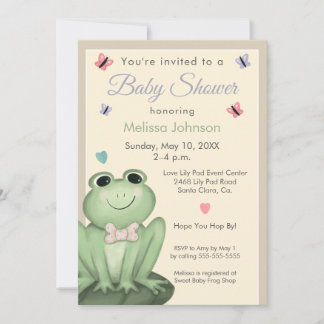 Whimsical Beige Frog Baby Shower Invitation
