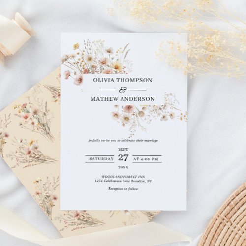 Whimsical Beige Meadow Wildflower Frame Wedding Invitation