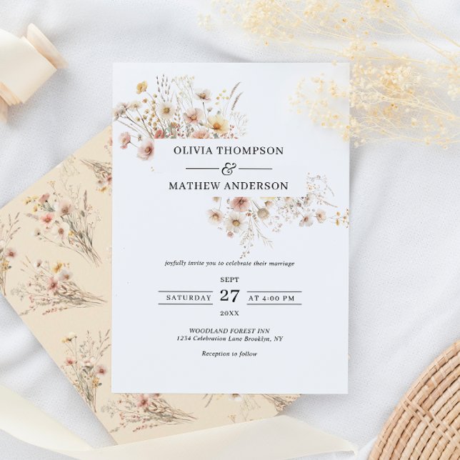 Whimsical Beige Meadow Wildflower Frame Wedding Invitation (Creator Uploaded)