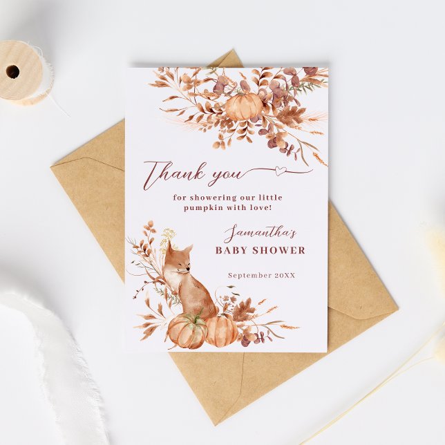 Whimsical Beige Rustic Fox Pumpkin Thank You Card (Creator Uploaded)