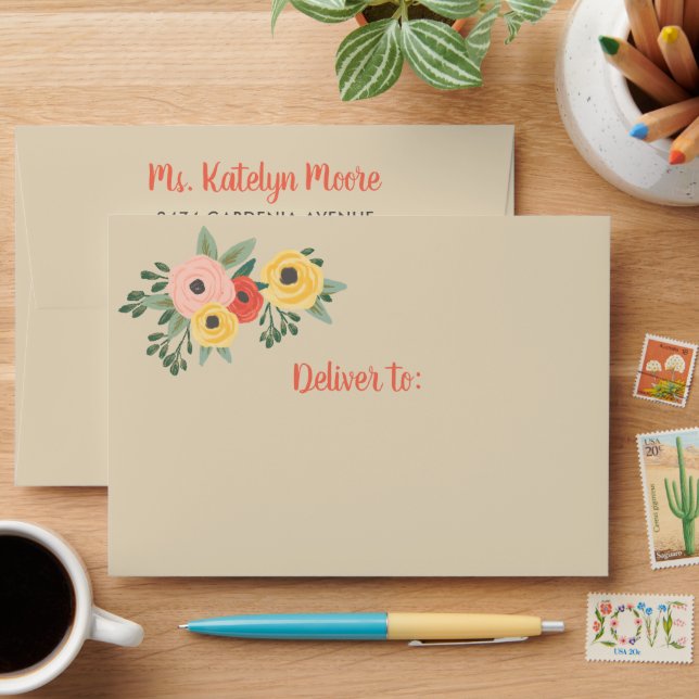 Whimsical Beige Watercolor Floral Envelope (Desk)