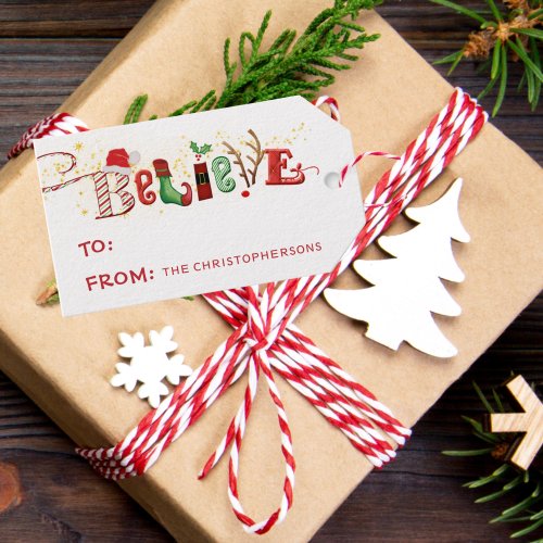 Whimsical BELIEVE Cute Santa Typography Gift Tags