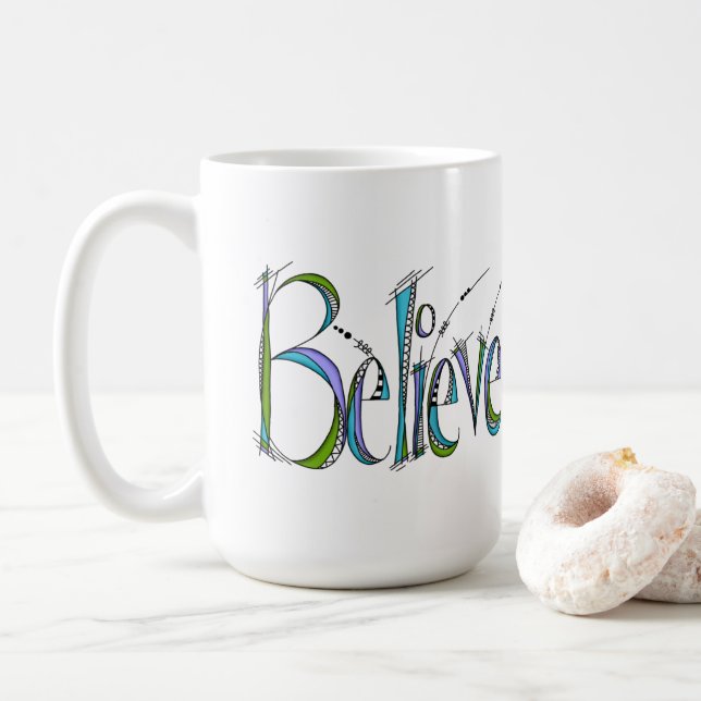 Whimsical Believe Hand-Lettering Coffee Mug (With Donut)