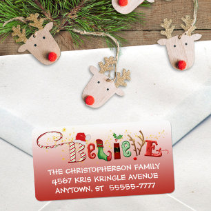 Whimsical BELIEVE, Red Ombre, Gold Sparkle Label