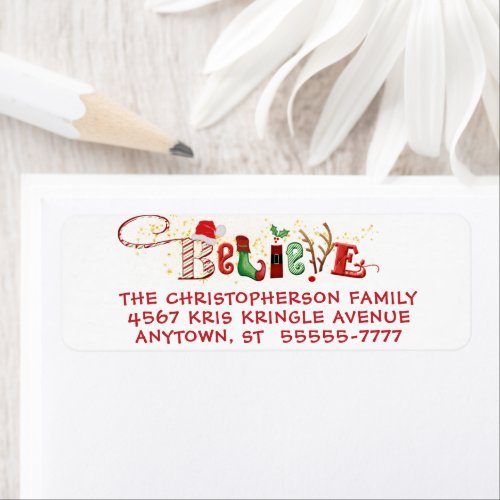 Whimsical BELIEVE Typography Christmas Santa Label