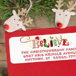 Whimsical BELIEVE Typography Christmas Santa Label<br><div class="desc">Fun, whimsical BELIEVE in a festive red and green Santa, elf and reindeer typography design accented with gold sparkles and your return address. You can change the text font style/color/size by clicking on the CUSTOMIZE FURTHER tab. Contact the designer via Zazzle Chat or makeitaboutyoustore@gmail.com if you’d like this design on...</div>