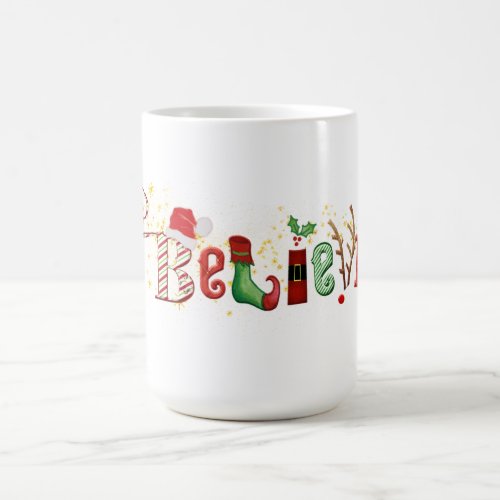 Whimsical BELIEVE with Gold Sparkles Christmas Coffee Mug