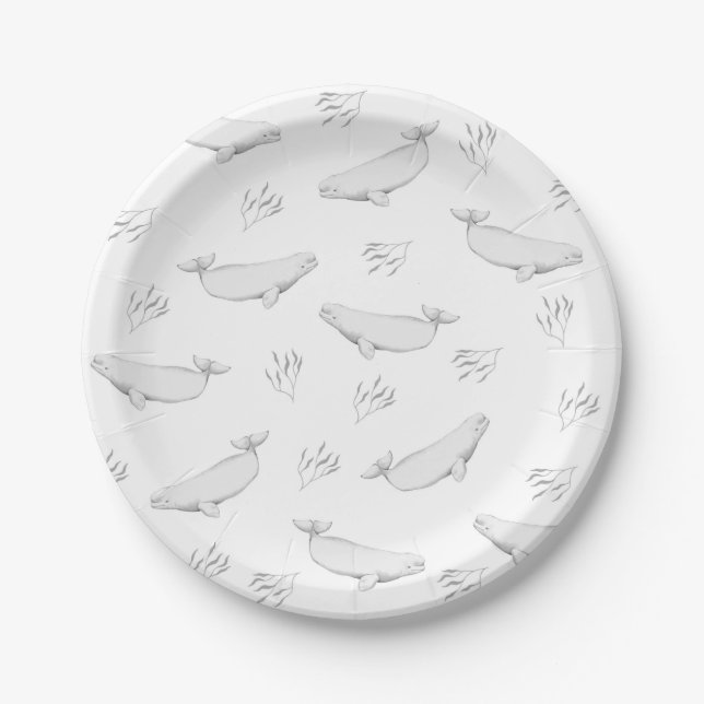 Whimsical Beluga Whale Ocean Sea Weed Illustration Paper Plates (Front)
