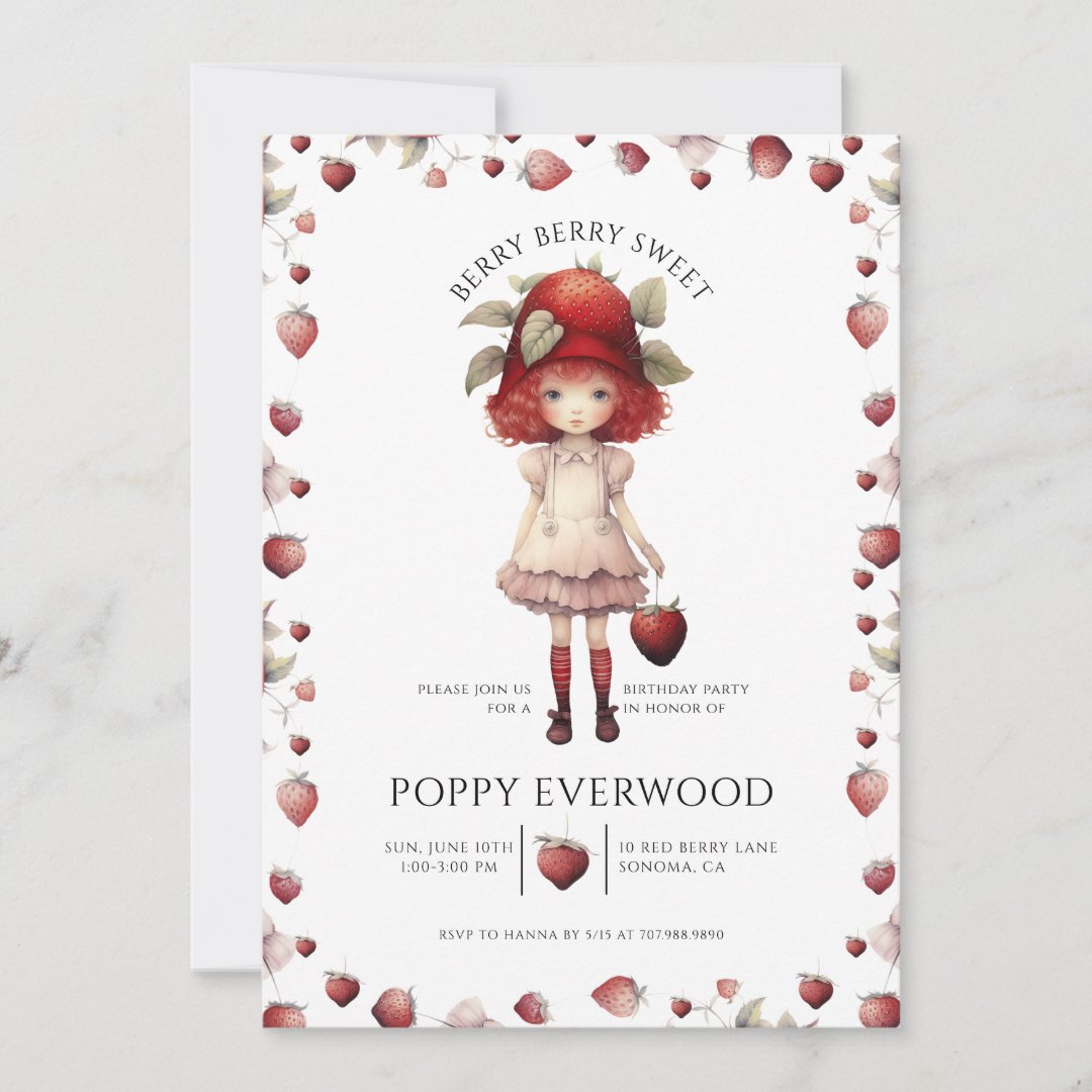 Whimsical Berry Sweet Girl&#39;s Birthday                    Party Invitation