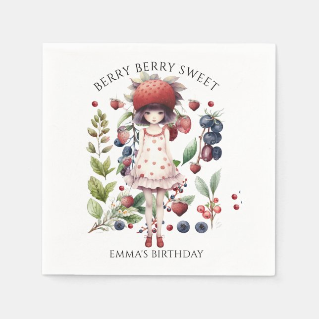 Whimsical Berry Sweet Girl's Birthday Party Napkins (Front)