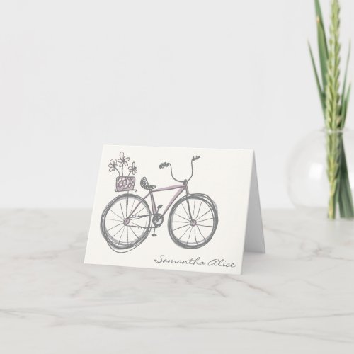 Whimsical Bicycle Illustration Lavender Gray Name Note Card