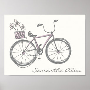 Whimsical Bicycle Illustration Lavender Gray Name Poster