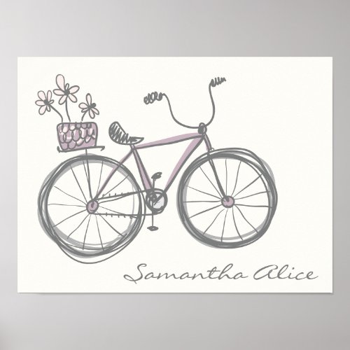 Whimsical Bicycle Illustration Lavender Gray Name Poster