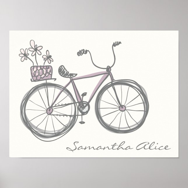 Whimsical Bicycle Illustration Lavender Gray Name Poster (Front)