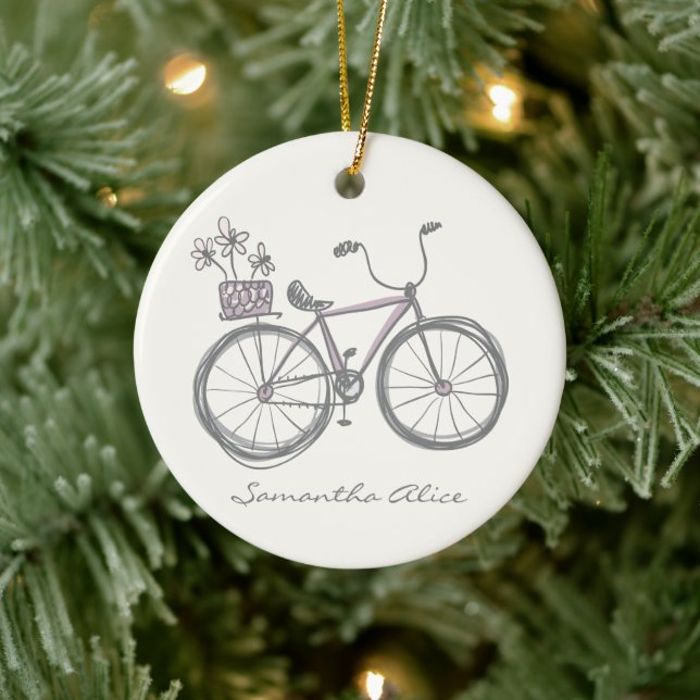 Whimsical Bicycle Illustration Lilac Gray Custom Ceramic Ornament (Tree)
