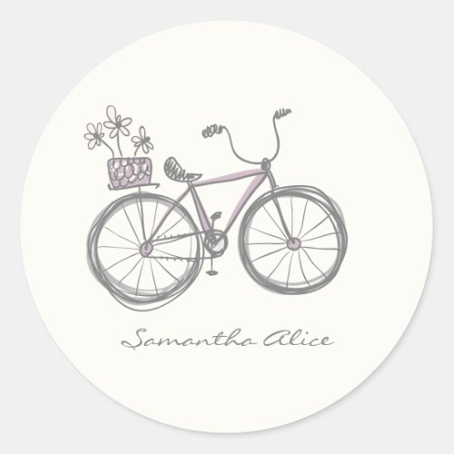 Whimsical Bicycle Illustration Lilac Gray Custom  Classic Round Sticker