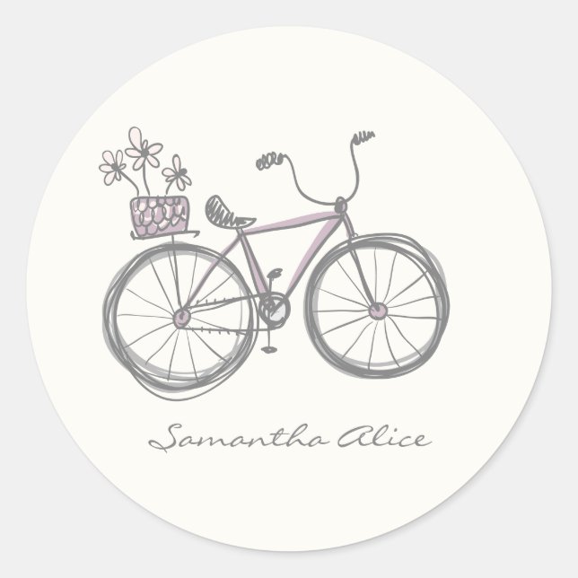 Whimsical Bicycle Illustration Lilac Gray Custom  Classic Round Sticker (Front)