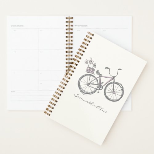Whimsical Bicycle Illustration Lilac Gray Custom Planner