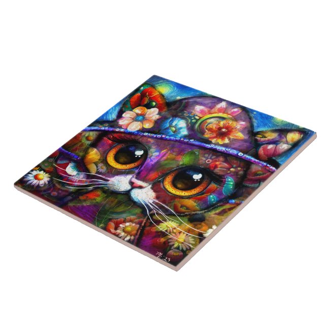 Whimsical Big-Eye Cat Kitty with Hat Floral  Ceramic Tile (Side)