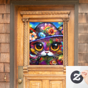 Whimsical Big-Eye Cat Kitty with Hat Floral Window Cling