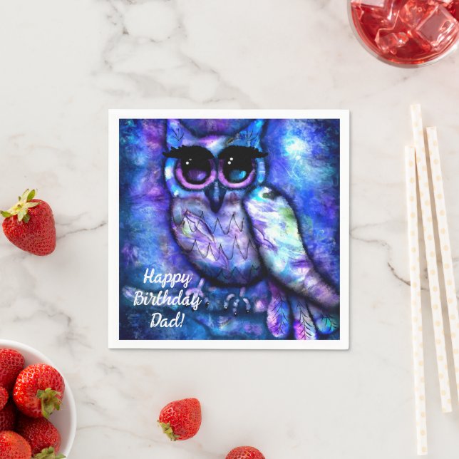 Whimsical Big-Eyed Abstract Owl Blue Green Purple Napkins (Insitu)