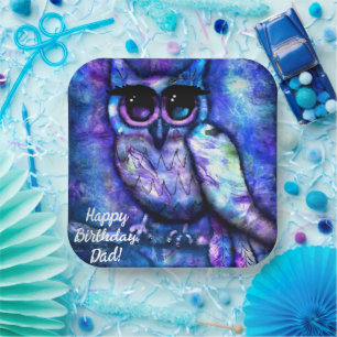 Whimsical Big-Eyed Abstract Owl Blue Green Purple Paper Plates