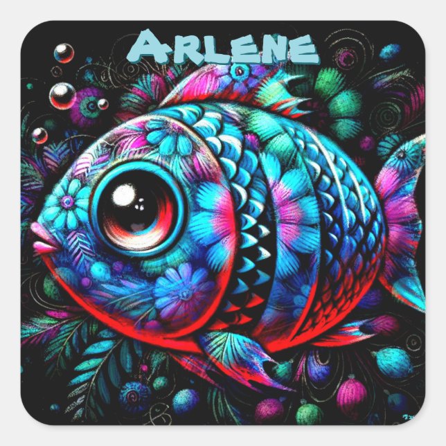 Whimsical Big-Eyed Fish Nautical Personalized Square Sticker (Front)