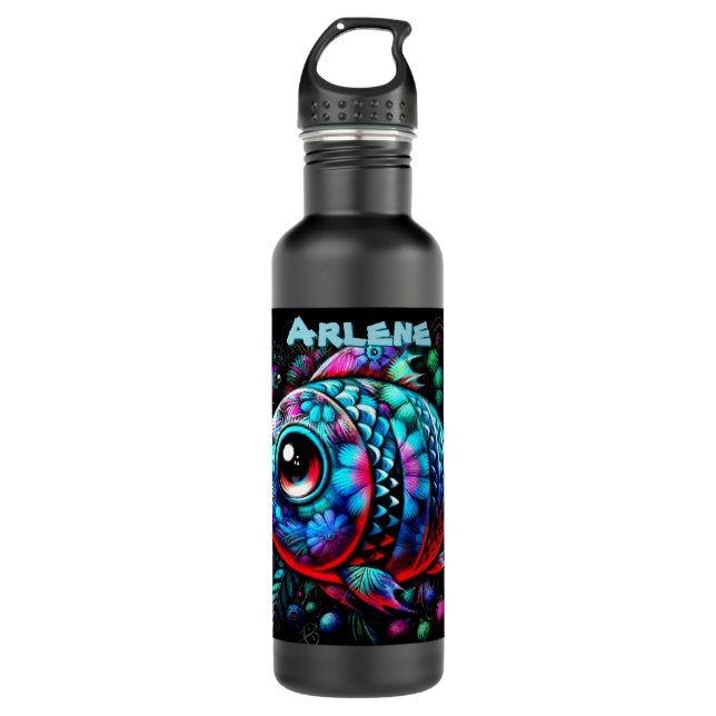 Whimsical Big-Eyed Fish Nautical Personalized Stainless Steel Water Bottle (Front)