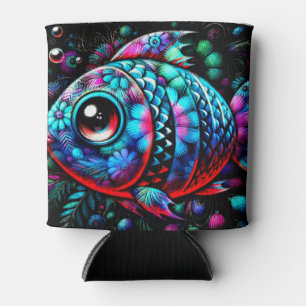 Whimsical Big-Eyed Floral Fish Nautical Teal Pink  Can Cooler