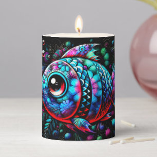 Whimsical Big-Eyed Floral Fish Nautical Teal Pink Pillar Candle