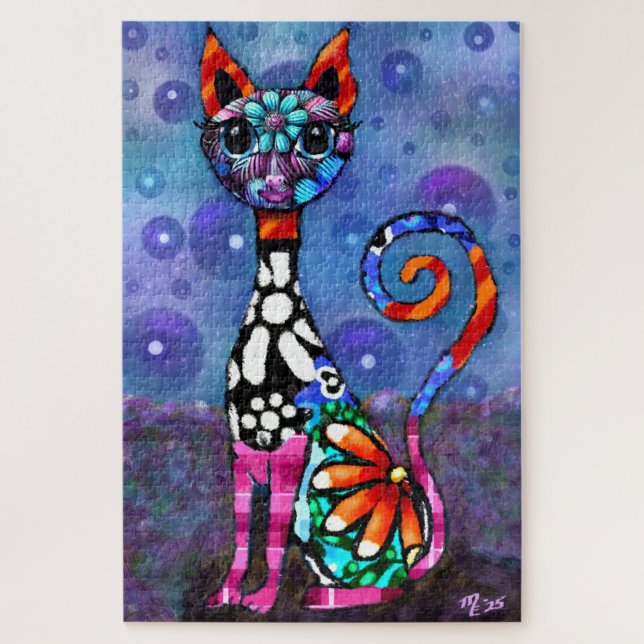 Whimsical Big-Eyed Funky Abstract Kitty Cat Jigsaw Puzzle (Vertical)
