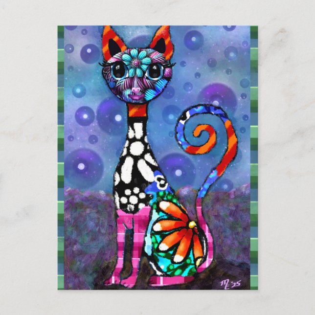 Whimsical Big-Eyed Funky Abstract Kitty Cat Postcard (Front)