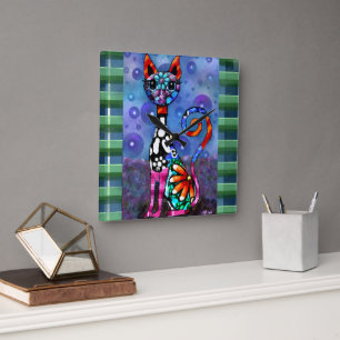 Whimsical Big-Eyed Funky Abstract Kitty Cat Square Wall Clock